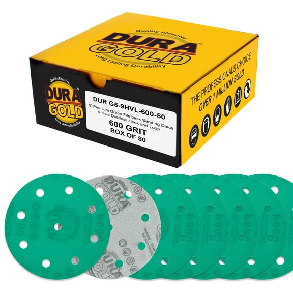 Dura-Gold Premium 600 Grit 5" Green Film Sanding Discs, 9-Hole Pattern, Box of 50 - Heavy-Duty Dustless Hook & Loop Backing Sandpaper for DA & Random Orbital Sanders, Sand Auto Paint, Wood, Furniture