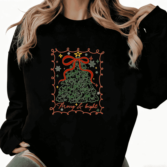 Letter Graphic Tee T-Shirt Merry & Bright Christmas Tree Print Top Casual Round-neck long-sleeved Black S-3XL