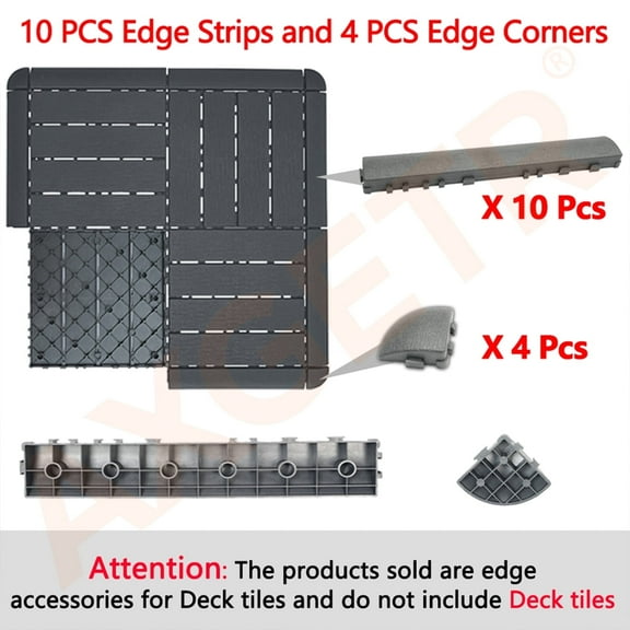 10pcs Edge Strips 4pcs Corner For 44Pcs Interlocking Plastic Deck Tiles , 12"x12" High Quality All-Weather Patio Tiles For Porch, Poolside, Balcony, Backyard Pathway