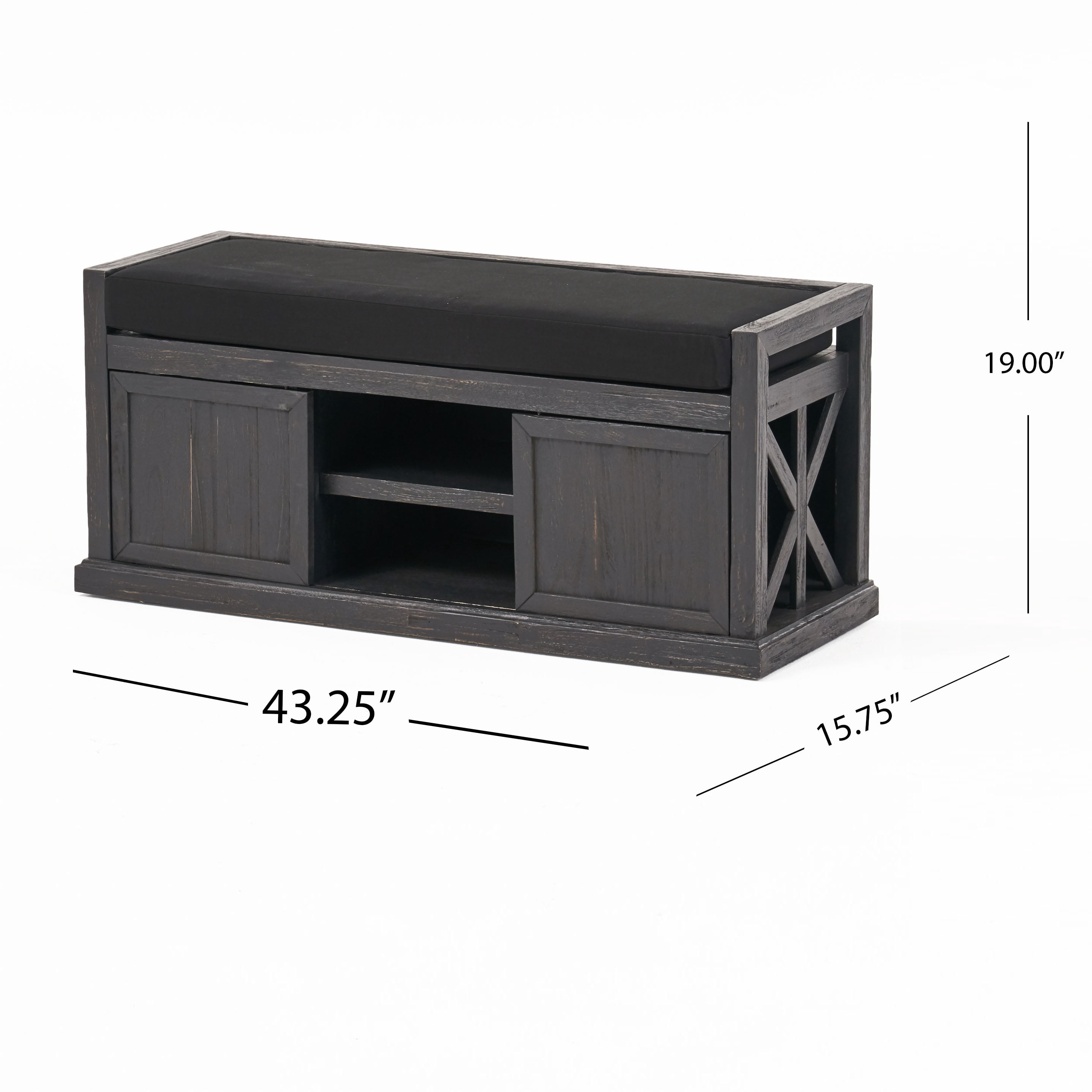Noble House Tessa Modern Acacia Wood Storage Bench with Cushion, Sandblast Dark Gray, Black