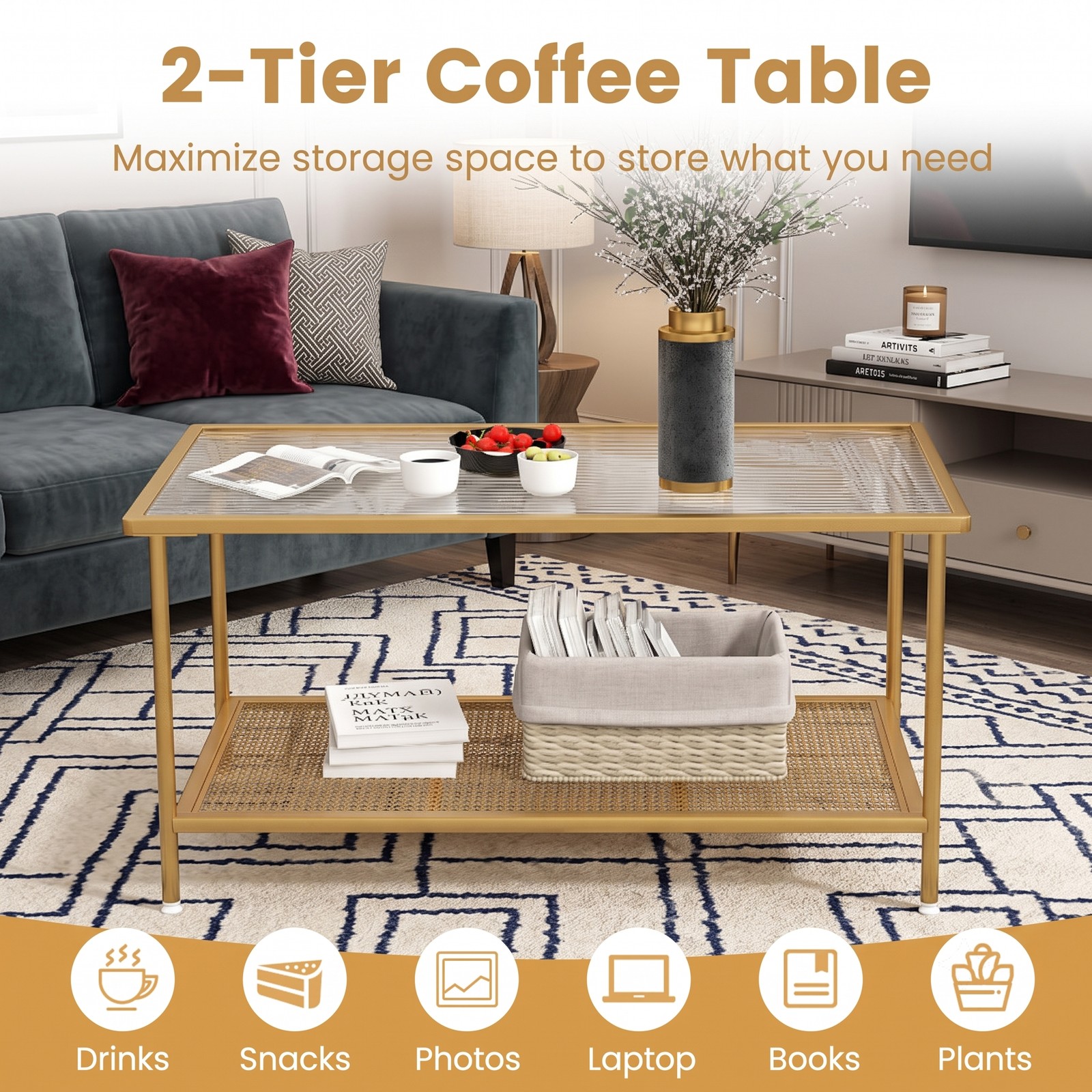 Furnibear 2-Tier Coffee Table with Tempered Glass Top and Storage Shelf, Modern Metal Frame Center Tea Table for Living Room Home Office, Golden