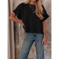 thumbnail image 5 of Women's Knit Crochet Short Sleeve Round Neck Ruffled Hem Pullover Fall Sweater for Casual Summer Black L, 5 of 8
