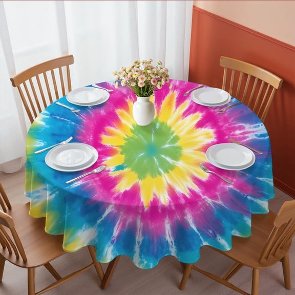 Pink and Green Tie Dye Pattern Round Tablecloth 70"x70", Wrinkle Resistant Wipeable Table Cover for Kitchen Dining Room Picnic Patio and Party