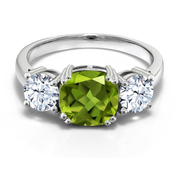 Gem Stone King 3.95 Cttw Green Peridot and White Zirconia 3-Stone Engagement Ring for Women | 925 Sterling Silver | Cushion 8MM | Three Stone Wedding Engagement Anniversary Promise Ring | Size 7