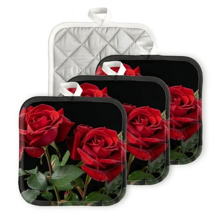 

BaHomeck Pot Holders 4pcs dacron Made Square heat-resisting mat Machine Washable for Kitchen Oven Hot Pads 6.7inch*6.7inch Red Rose Flowers On The Same Stem With Green Leaves