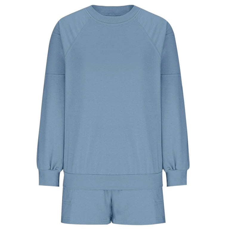 DTBPRQ 2 Piece Outfits for Women Crew Neck Collared Pullover Long Sleeve Tops and Sweat Shorts Sweatsuits Lounge Sets