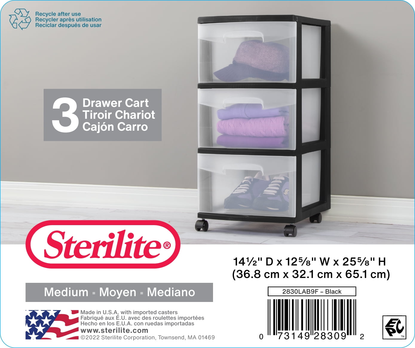(2 pack) Sterilite 3 Drawer Medium Cart, Clear Plastic Storage Drawers, Wheels Included, Black
