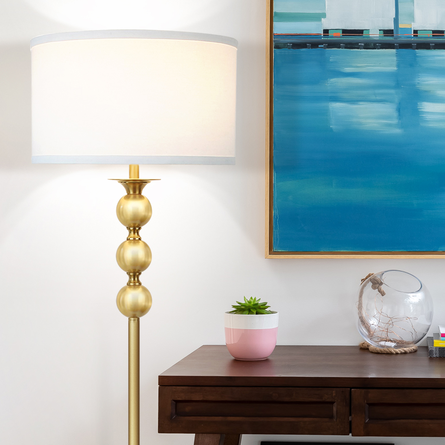 Brightech Riley 60 in. Antique Brass Mid-Century Modern 1-Light LED Super Bright Floor Lamp with White Fabric Drum Shade
