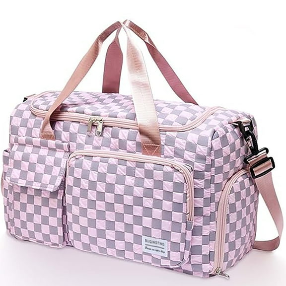 Small Gym Bag for Women, Travel Duffle Bag with Shoe Compartment, Pink Checkered