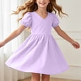 thumbnail image 2 of ASEIDFNSA Girls V Neck Puff Sleeve Dress with A Line Skirt Solid Color and Ruffle Detail (Purple,9-10 Years), 2 of 3