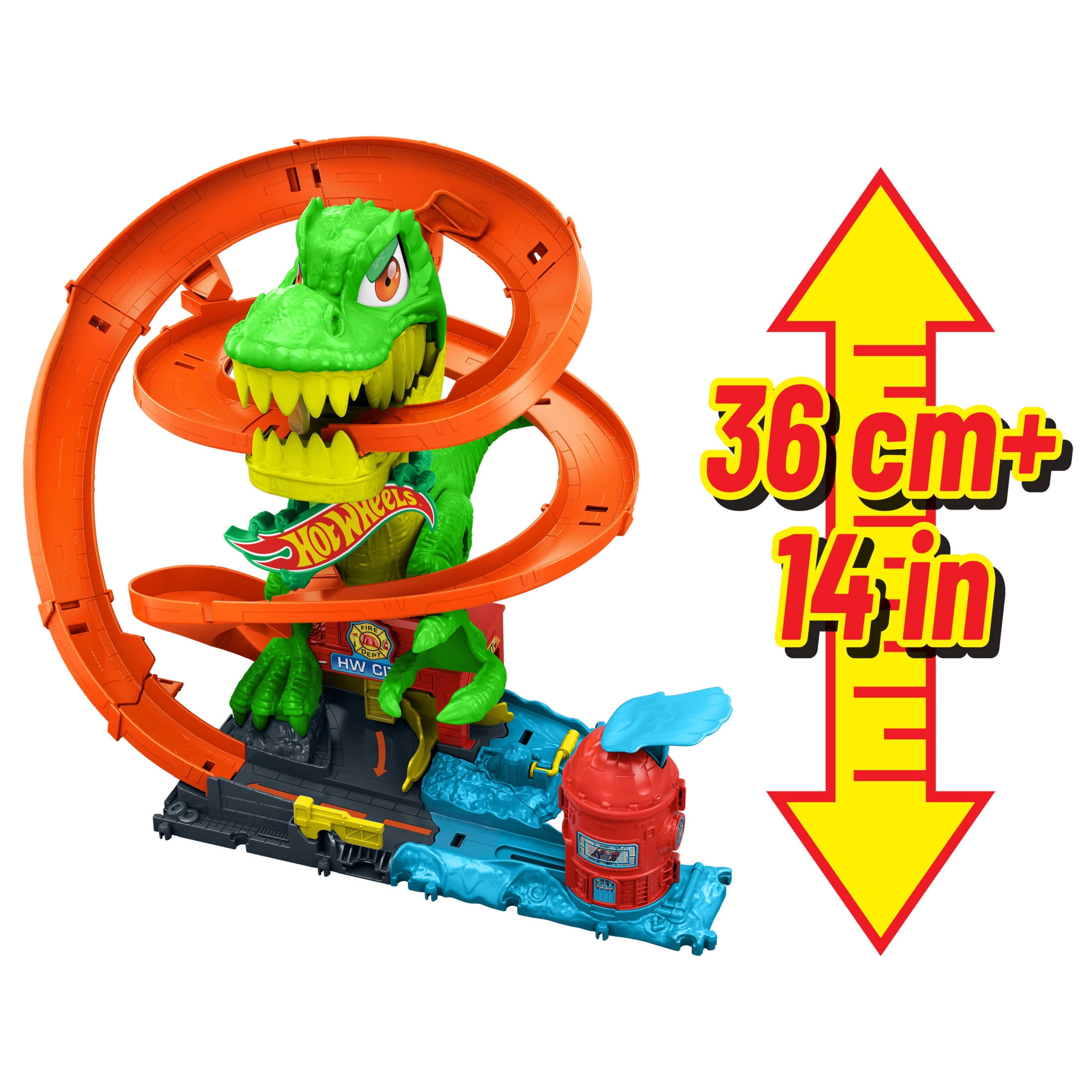 Hot Wheels City T-Rex Blaze Battle Playset & 1:64 Scale Die-Cast Car, Dinosaur Nemesis