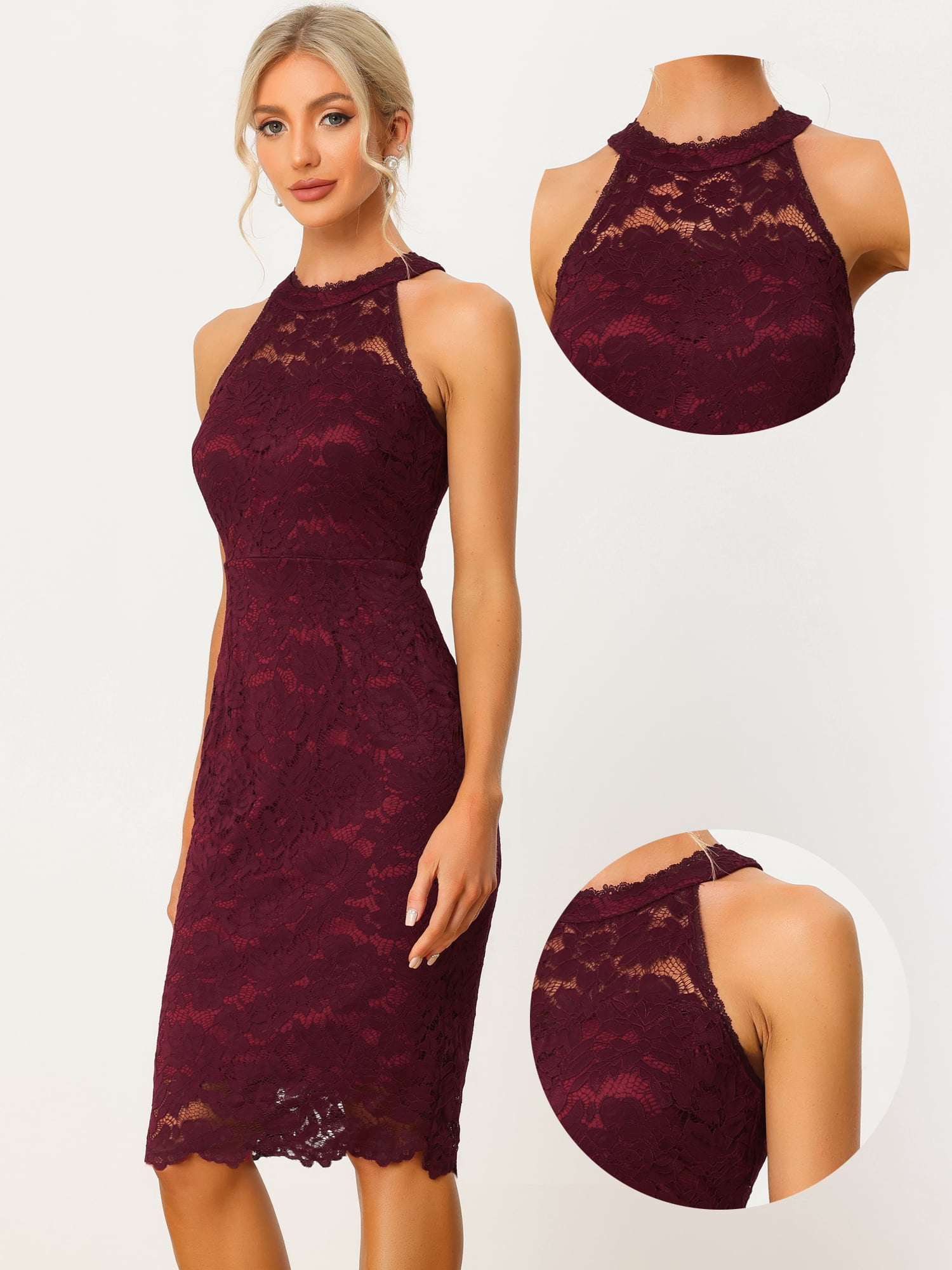 DARING DIVA Lace Halter Neck Sleeveless Bodycon Cocktail Sheath Dress XL Burgundy