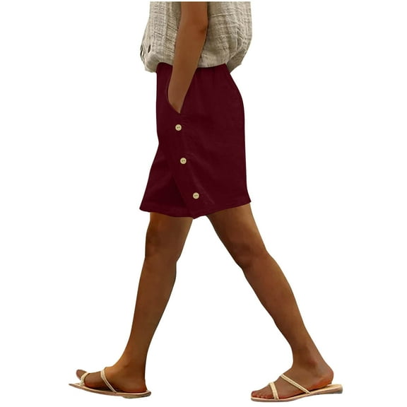BLVB Linen Shorts for Women Knee Length Bermuda Shorts Summer Casual Loose Button Beach Capris Pants with Pockets
