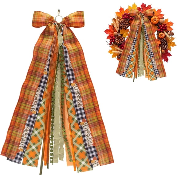 Hying Fall Wreath Sash for Front Door, Thanksgiving Wreath Bow Plaid Ribbon