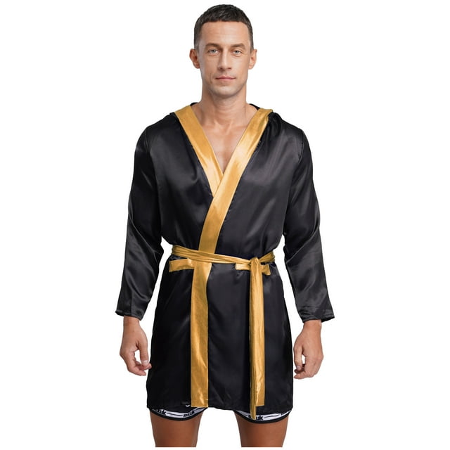 YiZYiF Boxing Robe for Mens Satin Hooded Open Front Metallic Trim Cloak with Belt Black 16