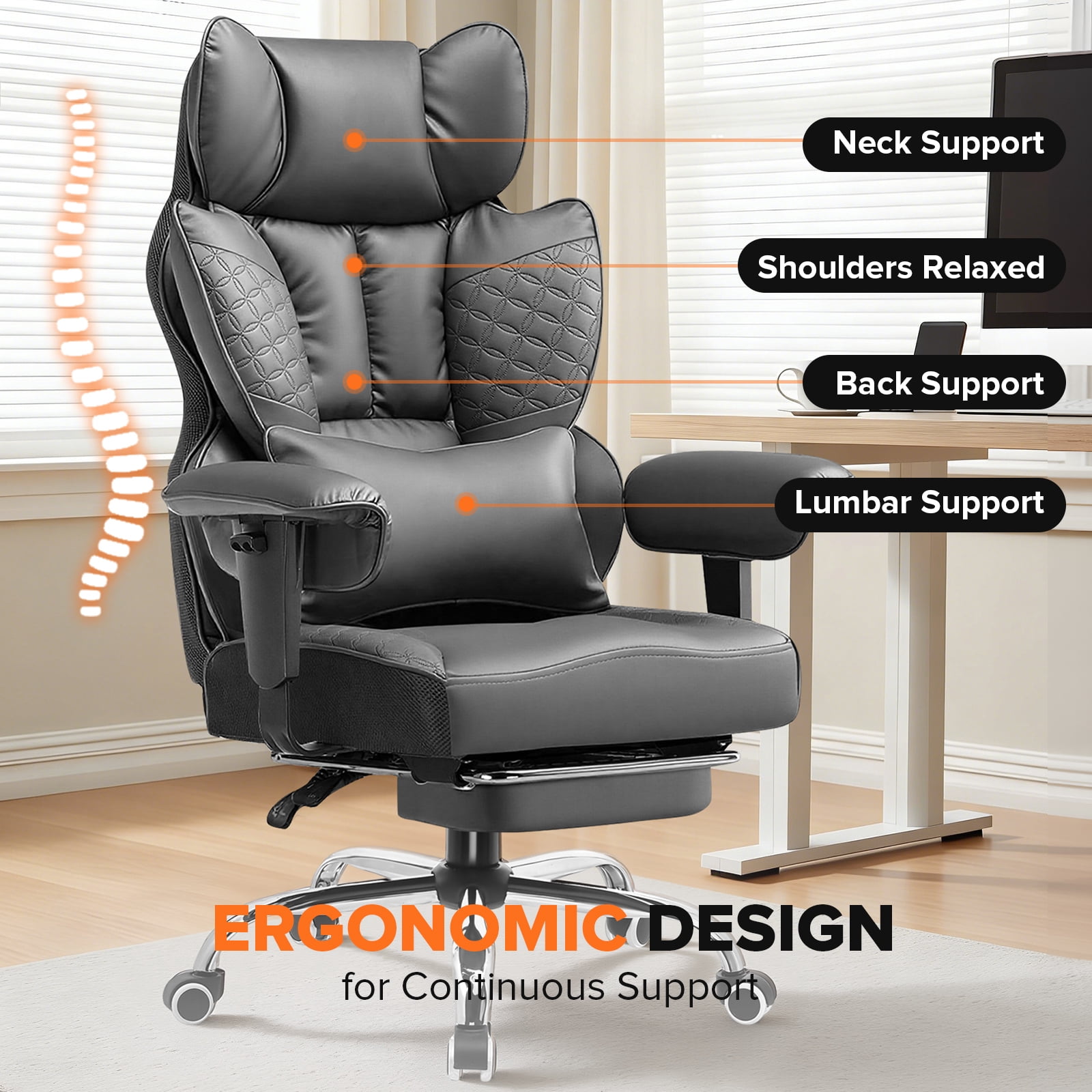 CloudRest Pro 400lbs Executive heavy duty office chair, High Back Ergonomic Computer Desk Chairwith Lumbar Back Support, Gray