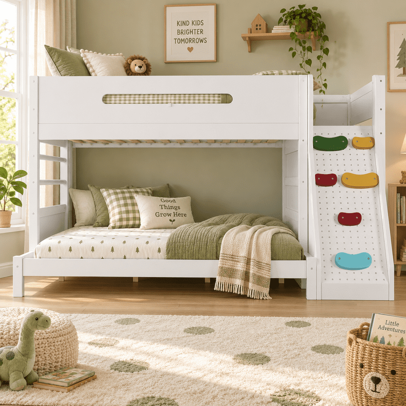 Twin/Twin XL Over Full Bunk Bed with Built-in Wardrobe, Storage Shelves, Rock Climbing Wall, Solid Wood Bunk Bed Fram with Full-Length Guardrails, No Box Spring Needed