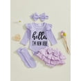thumbnail image 4 of BemeyourBBs Newborn Hello I'm New Here Baby Girl Coming Home Outfits Letter Print Long Sleeve Romper Ruffle Shorts Skirt Headband Long Socks Set 4Pcs Spring Fall Winter Clothes, 4 of 9