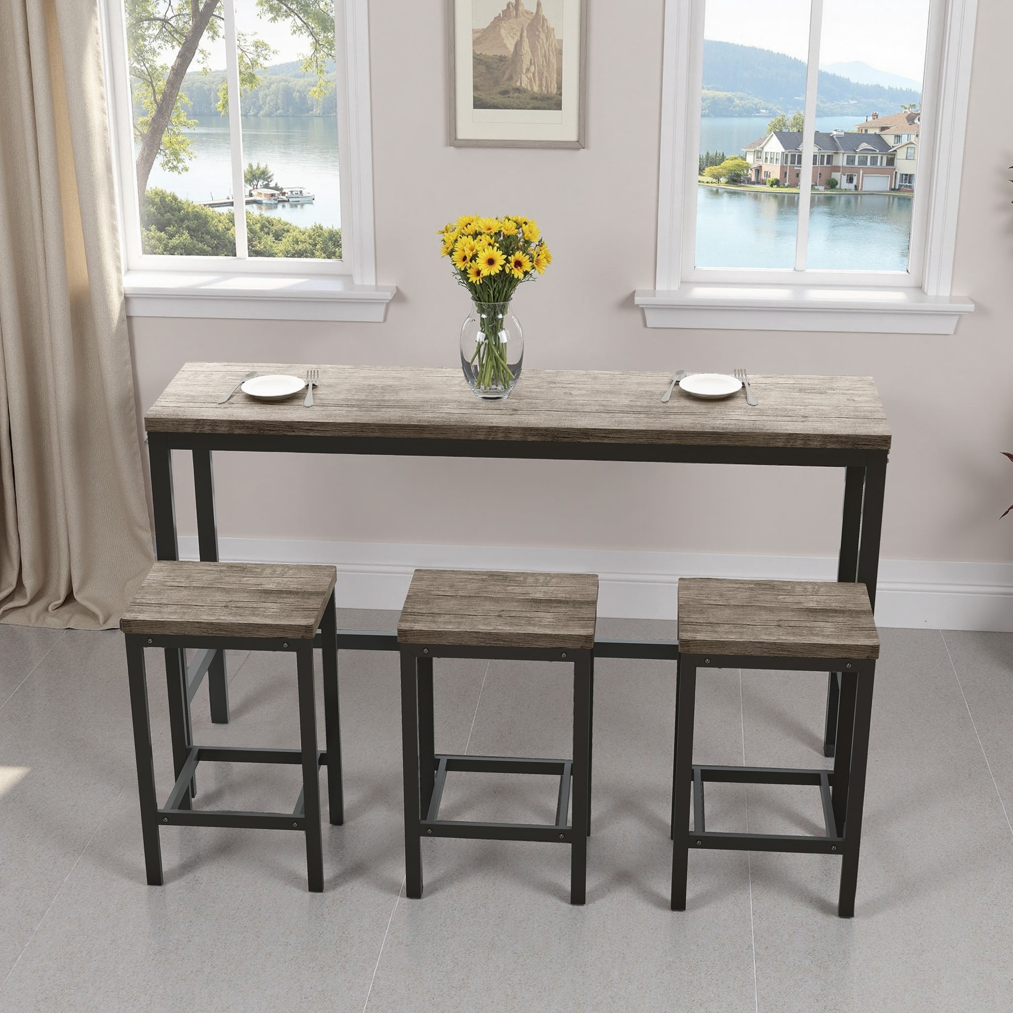 BSHTI 60.24" MDF Dining Room Table Set with Metal Frame, 3 Stools, Space-Saving Design for Kitchen Dining Room(Brown Gray)