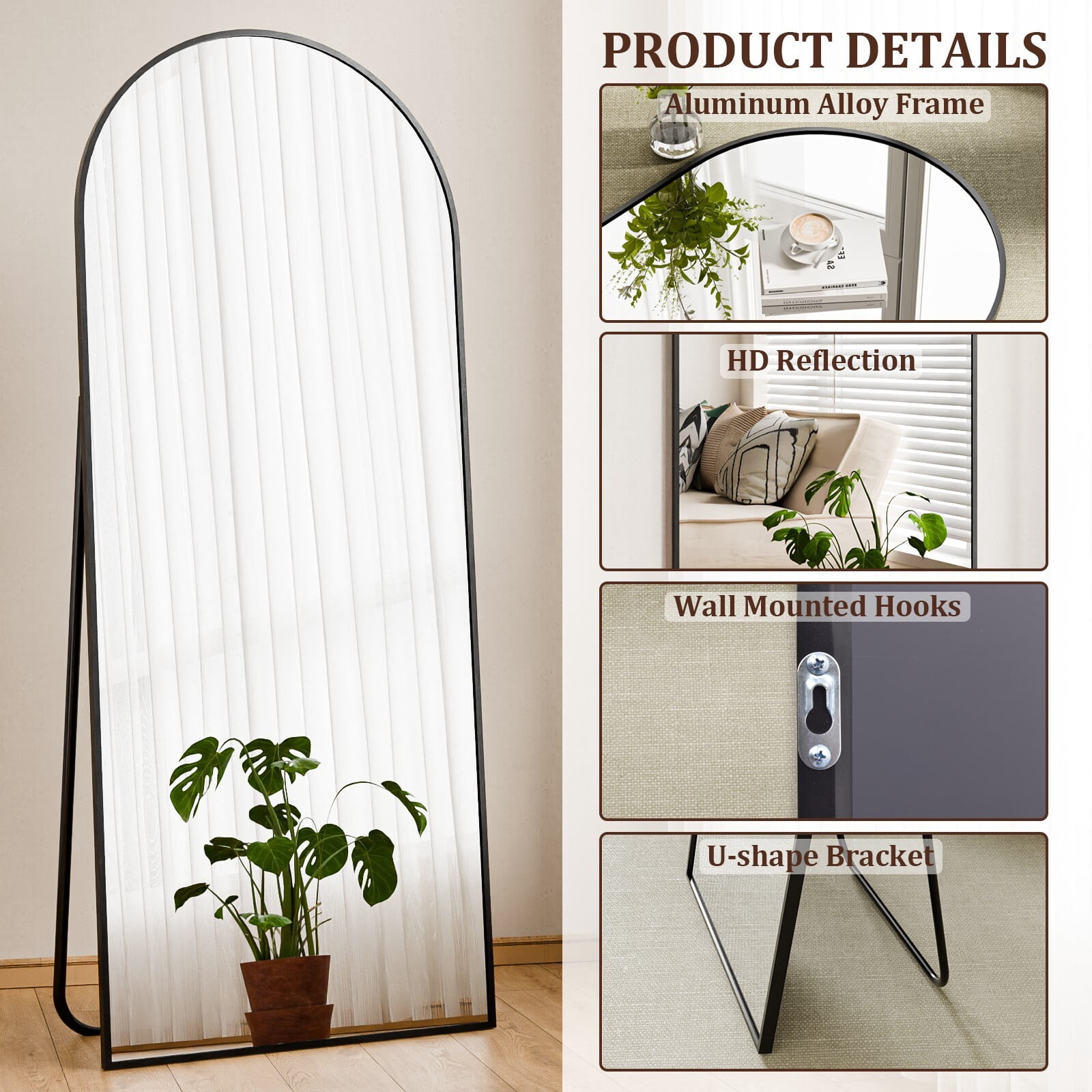 Easy4Home 68"x22" Arched Full Length Mirror with Aluminum Alloy Frame Freestanding Floor Dressing Mirror, Black