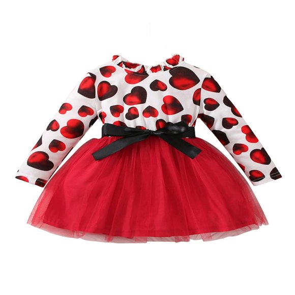 Kids Girls A-line Dress Long Sleeve Heart Print Tulle Patchwork Dress