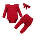 thumbnail image 2 of Conjuntos de blusas y camisas de cuello redondo y manga larga para niña, mono de cuello redondo y manga larga con vuelo de color liso con cintura elástica, pantalones estampados y diadema, conjunto de, 2 of 7
