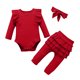 thumbnail image 2 of Conjuntos de blusas y camisas de cuello redondo y manga larga para niña, mono de cuello redondo y manga larga con vuelo de color liso con cintura elástica, pantalones estampados y diadema, conjunto de, 2 of 7