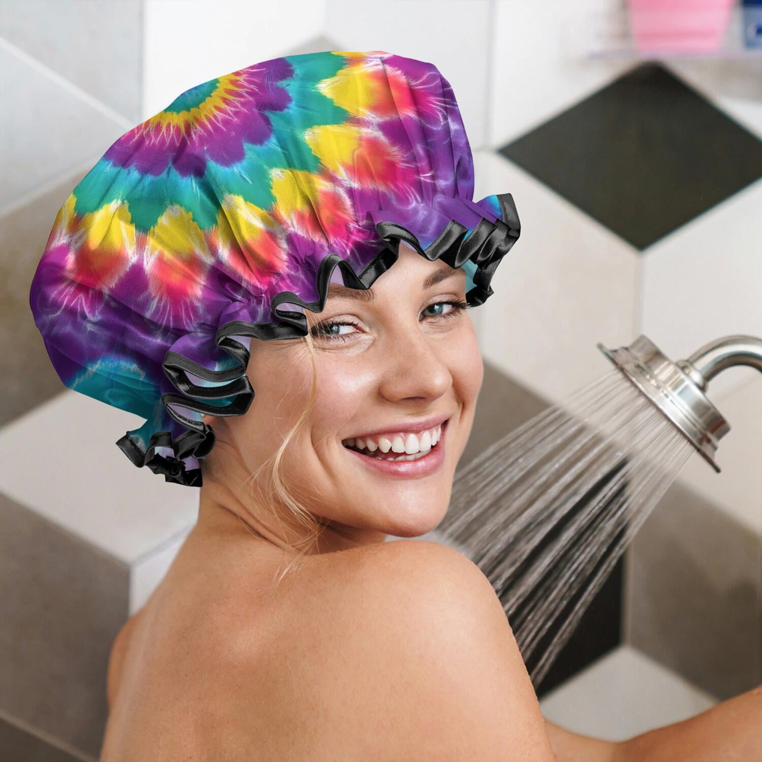 Shower Caps,Rainbow Tie Dye Radial Pattern Waterproof Shower Cap for Women 4 Pieces,Double Reusable Hair Cover for Shower PEVA Elastic Stretch Hem