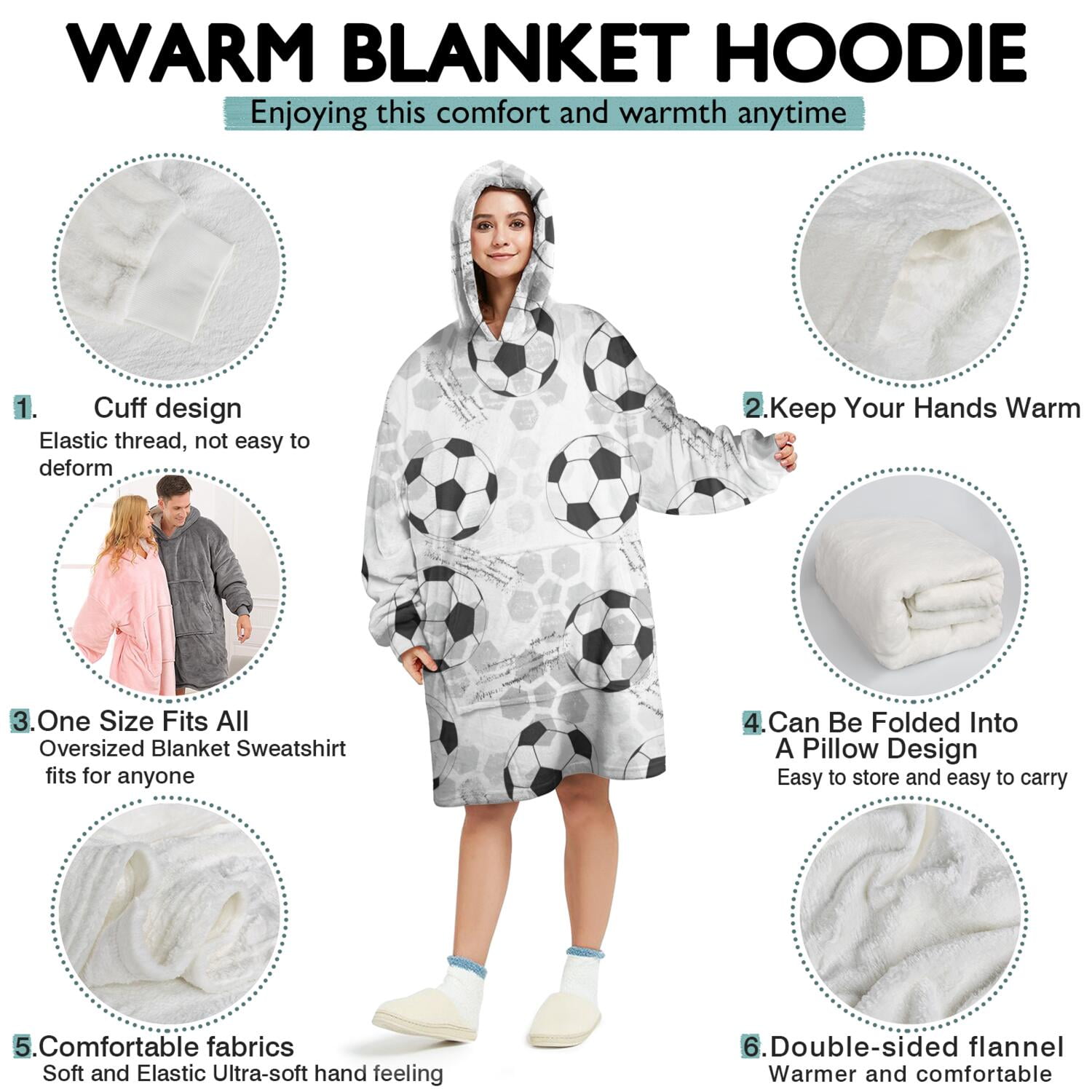 Gray Soccer Balls Pattern Wearable Oversized Blanket,Wearable Blanket Hoodie for Adults,Cozy Hooded Blankets with Super Pockets,Super Warm Fuzzy Pullover for Women & Men
