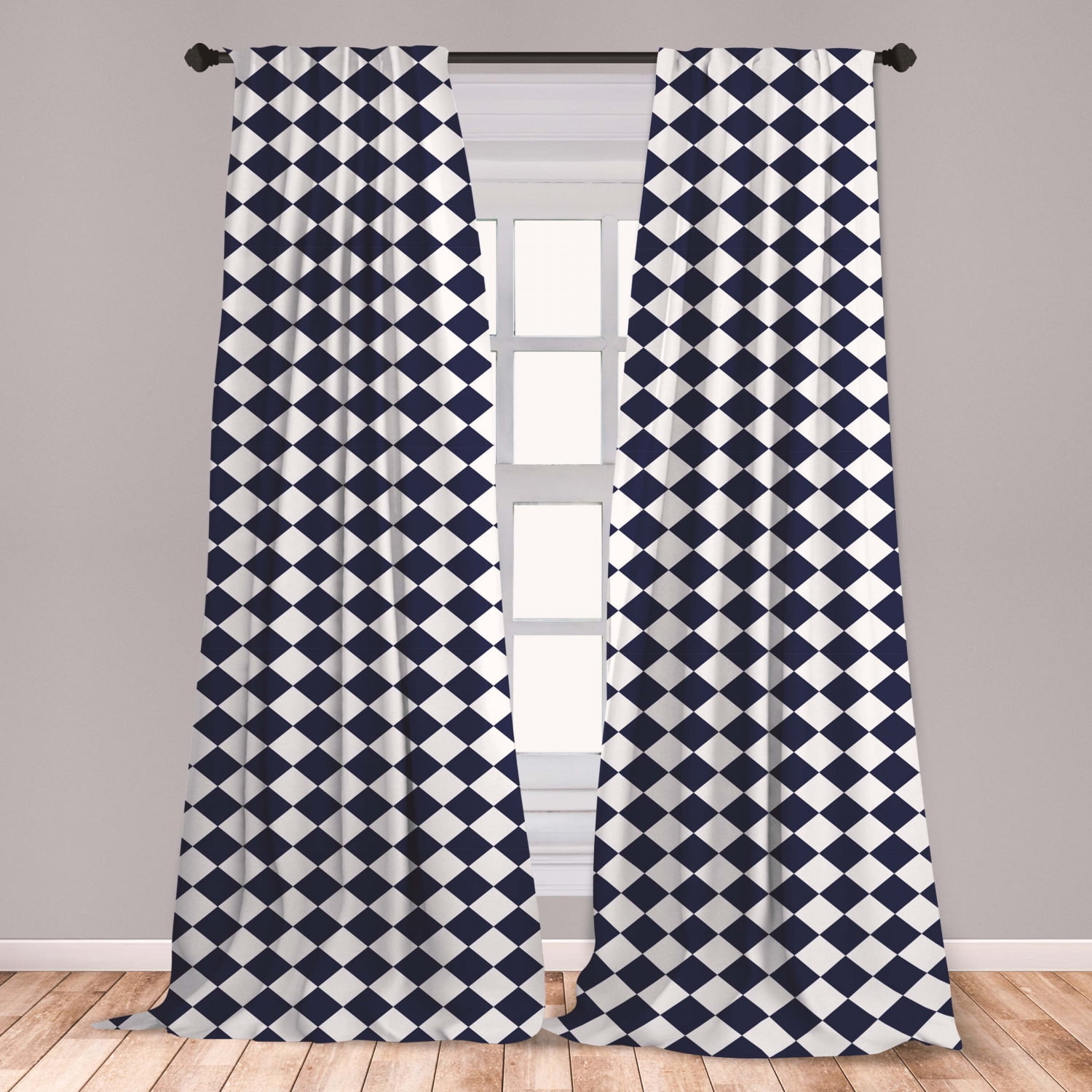 Blue Curtains 2 Panels Set, Classical Old Fashioned Checkered Pattern