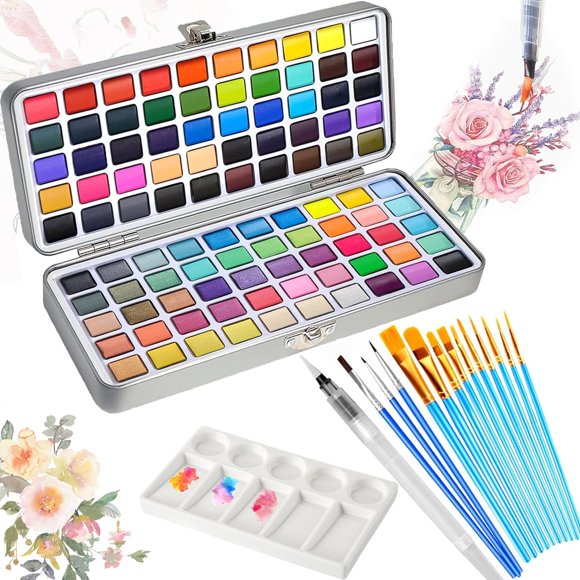 kit Acuarela profesionales de 100 Color-50 colores regulares, 35 metálicos, 10 macarons y 5 fluorescentes, con Metálico en Caja Portátil, 13 pincel, 1 pluma de acuarel