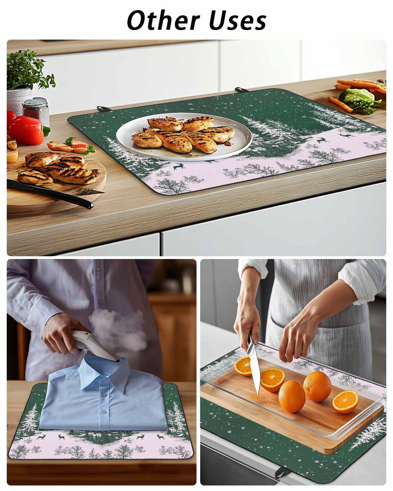 Christmas Snowflake Stove Top Covers for Electric Stove, 28'x20'' Elk Pine Trees Winter Deep Green Glass Ceramic Stove Cover Foldable Rubber Mat Heat Resistant Cooktop Protector for Kitchen