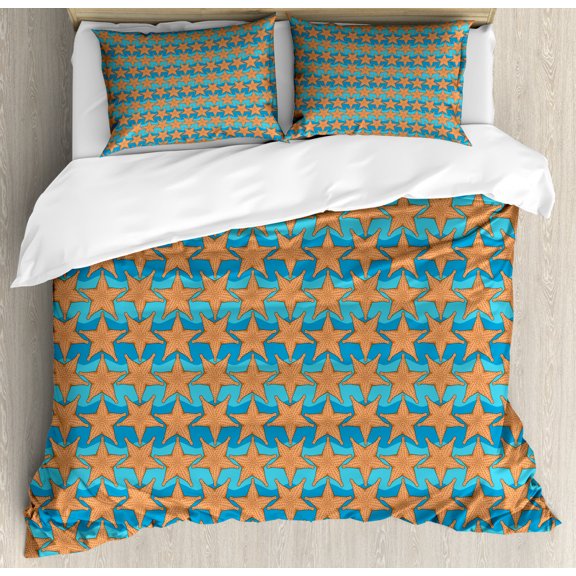Summer Duvet Cover Set Queen Size, Starfish Holiday Underwater Sea Beach Animals Aquatic Marine Print, Decorative 3 Piece Bedding Set with 2 Pillow Shams, Burnt Sienna and Violet Blue, by Ambesonne