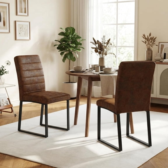 StnTalk Dining Chairs Set of 2, Brown Faux Leather Kitchen Chairs with Thick Padded Seat, Armless Side Chairs with Metal Legs for Apartment & Small Dining Spaces