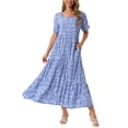 thumbnail image 2 of Vestido largo bohemio de verano con flores y mangas cortas, cuello cuadrado, con bolsillos, para mujer, color azul, 2 of 6
