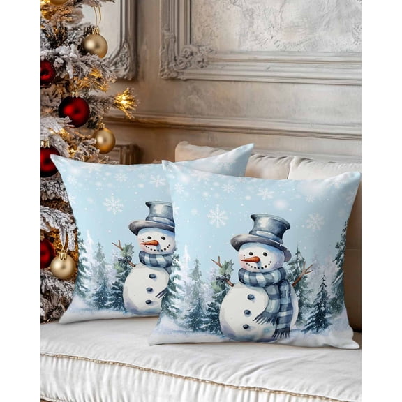 Christmas Decorative Throw Pillow Covers 18x18 Inch Set of 2 Snowman Pillow Cases for Couch, Christmas Tree Snowflakes Blue Cushion Case for Living Room Bedroom Bed Car Chair