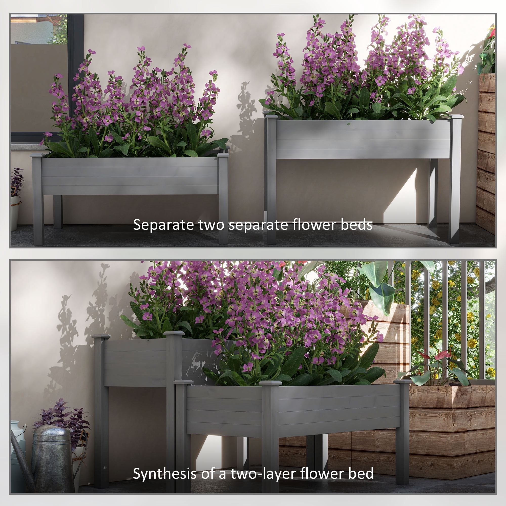 Outsunny 2 Tier Raised Garden Bed, Elevated Wooden Planter Box, Gray