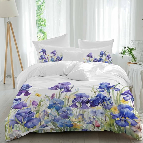 Queen 4 Piece Bedding Set Watercolor Garden Spring Flower Iris Soft Breathable Duvet Cover and Pillowcase,Blossom Floral on White Duvet Cover Set Washable Bed Sheets for Bedroom Dormitory Guest Room