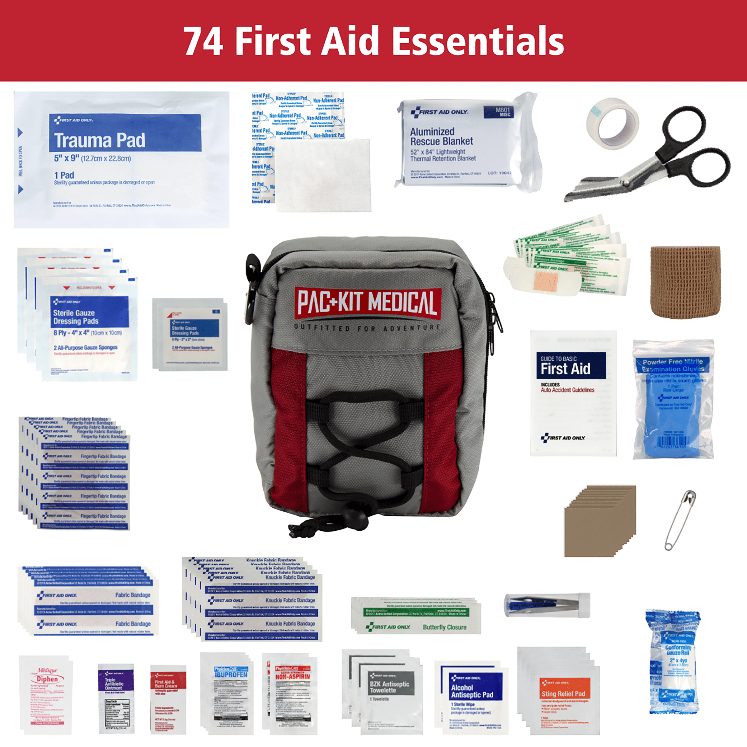Pac-Kit Trailblazer 1 Comprehensive Outdoor First Aid Kit, 74 Pieces for Hiking, Camping, Backpacking and Survival