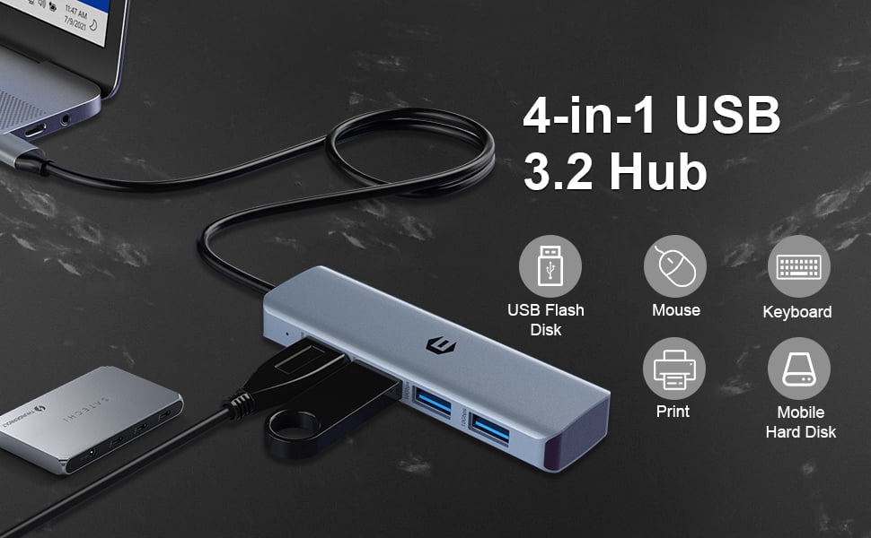 4 in 1 USB Adapter Hub, USB 3.2 Hub, 10Gbps Ultra Slim Portable Data Hub with 4 USB 3.2 Ports, 7.8in Data Cable for MacBook Pro/Air, iPad Pro/Air, Surface Go, XPS, Pixelbook