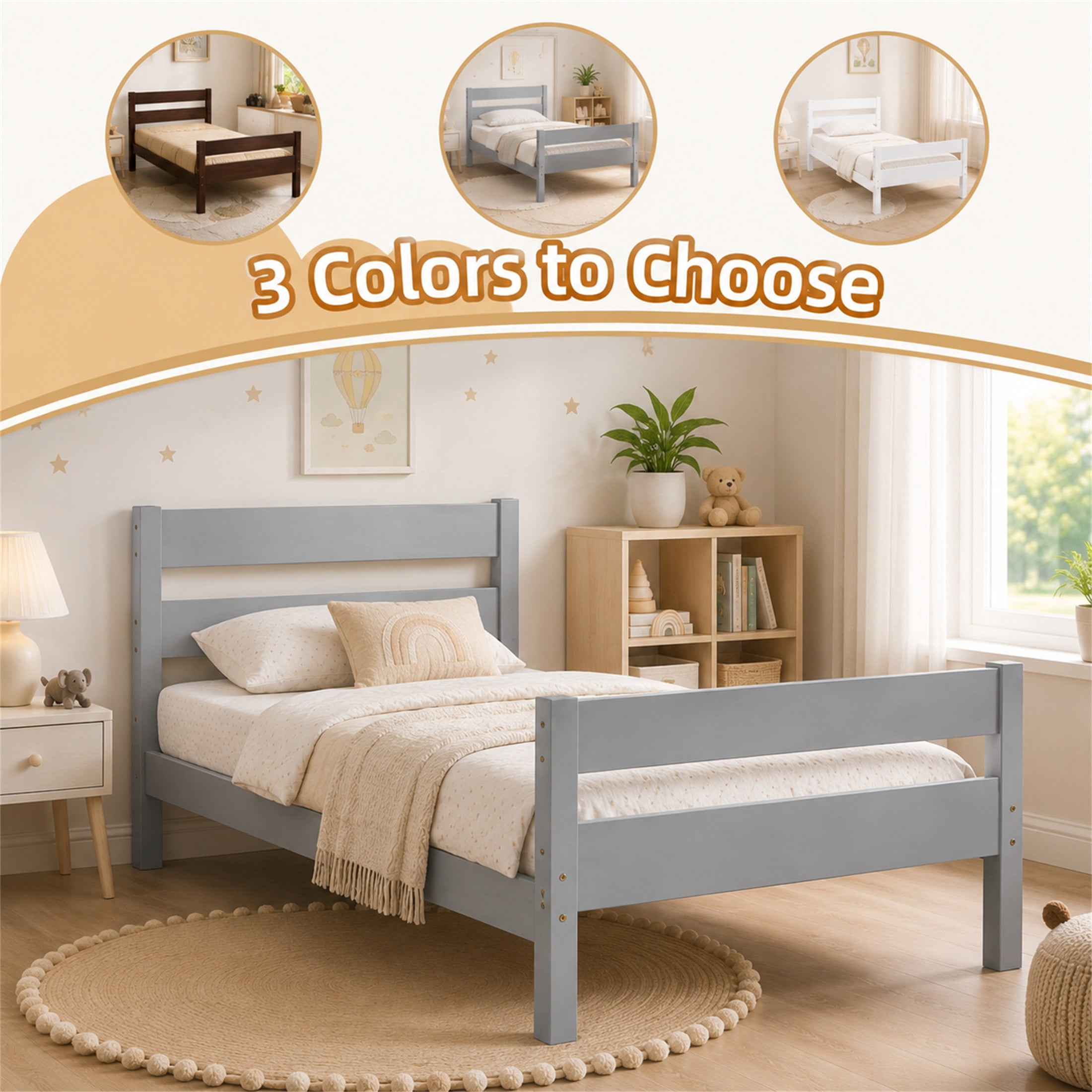 SESSLIFE Twin Bed Frame, Solid Wood Twin Platform Bed Frame with Headboard & Footboard, No Box Spring Needed with 250LBS, Easy Assembly, Grey