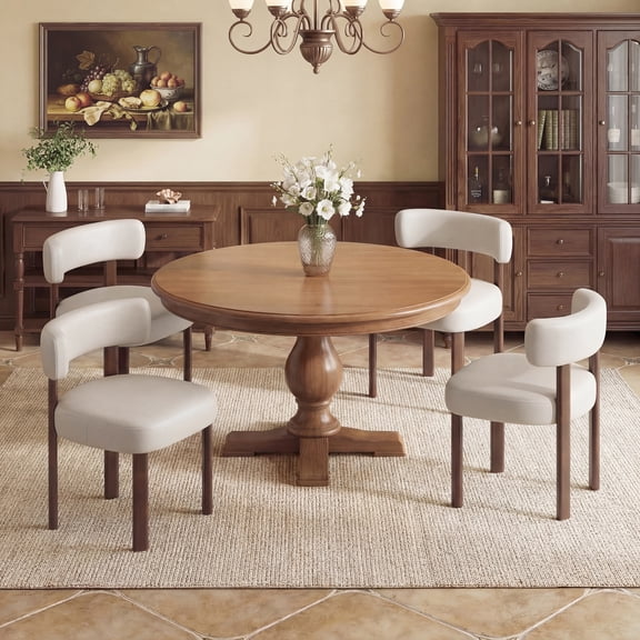 AFO Upholstered Dining Chair Set of 4, Faux Leather Kitchen Side Chairs with Wood Legs Ergonomic Curved Back for Dining Room and Cafe, Beige