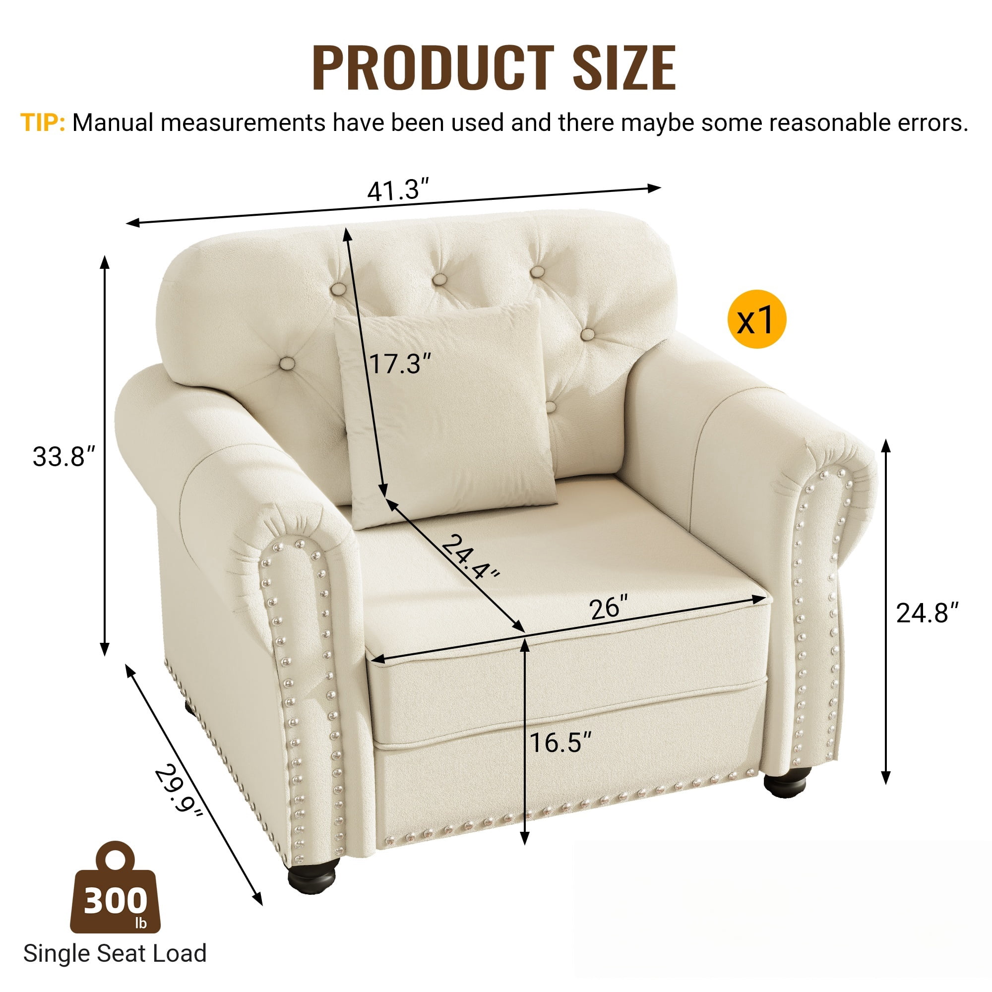 1PCS Upholstered Velvet Single Accent Sofa Chair with Nailhead Trim & Rolled Armrests, Mid-Century Modern Chesterfield Sofa with Pillow