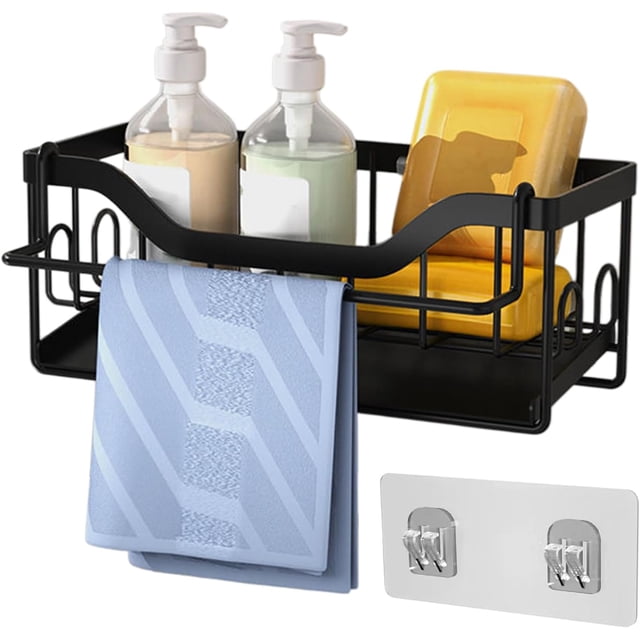 Crrynuo - 1 soporte para paños de cocina y esponjas - Organizador de fregadero - Negro - Acero al carbono - Autoadhesivo - Drenaje rápido - Ahorra espacio