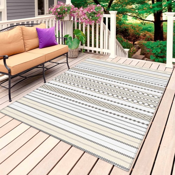 Beige Brown Striped Outdoor Rug for Patio/Deck/Porch, Non-Slip Large Area Rug 3 x 5 Ft, Modern Farmhouse Geometric Indoor Outdoor Rugs Washable Area Rugs, Reversible Camping Rug Carpet Runner