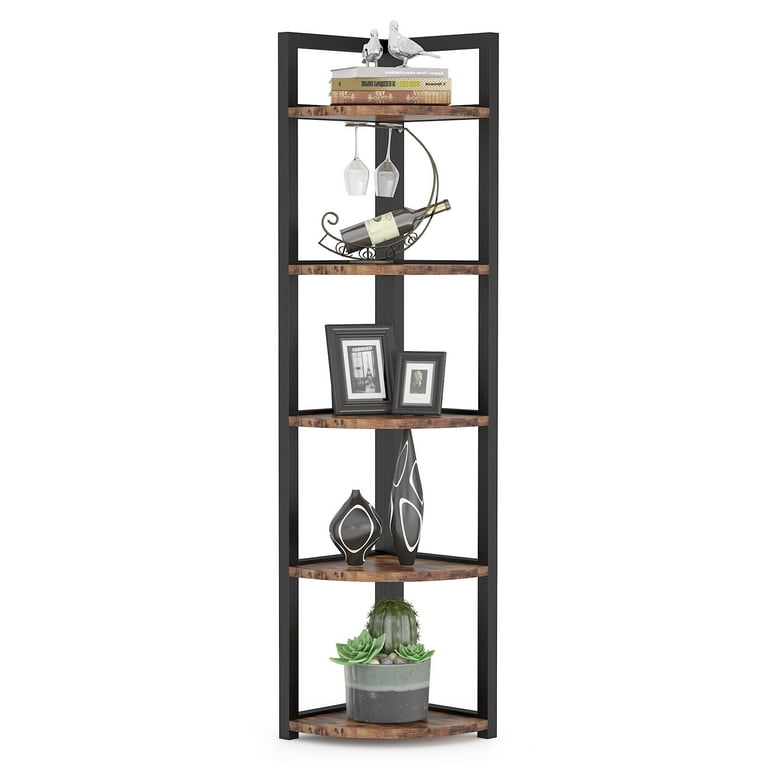 5-Tier Corner Shelf, 60 inch Bookcase for Living Room, Industrial Corner Storage Rack Plant Stand for Home Office - Black/Brown