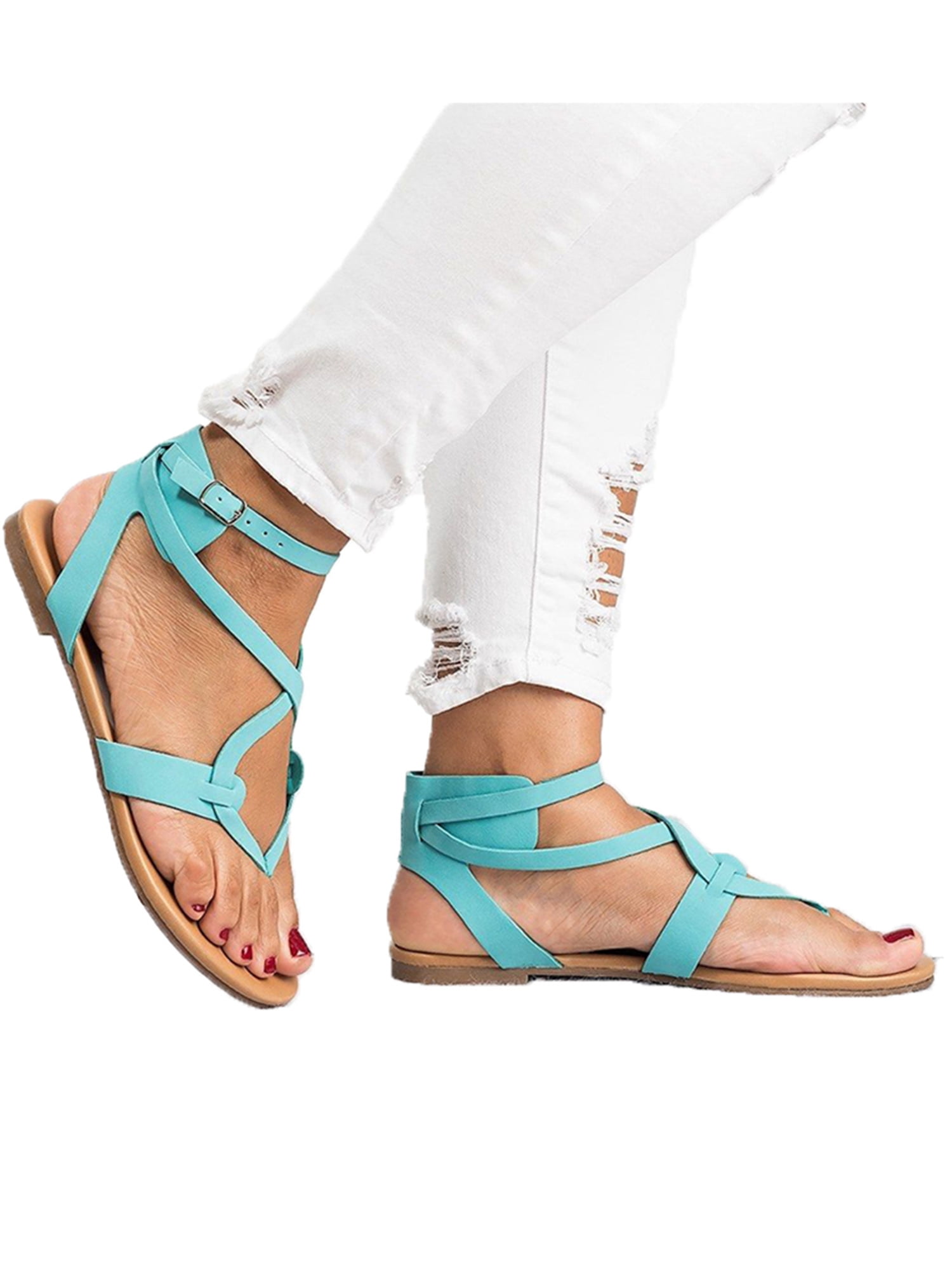 Ladies Womens Casual Flat Heel Ankle Strap Summer Gladiator Sandals Shoes Size 