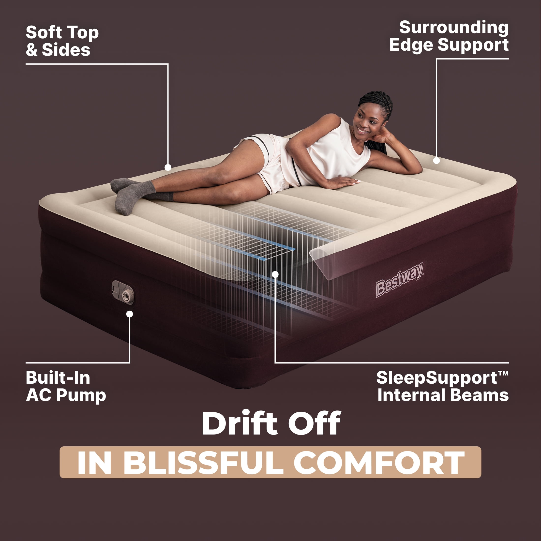 Bestway Maroon SleepSupport Premium Air Mattress Queen 20” with Built-in AC Pump