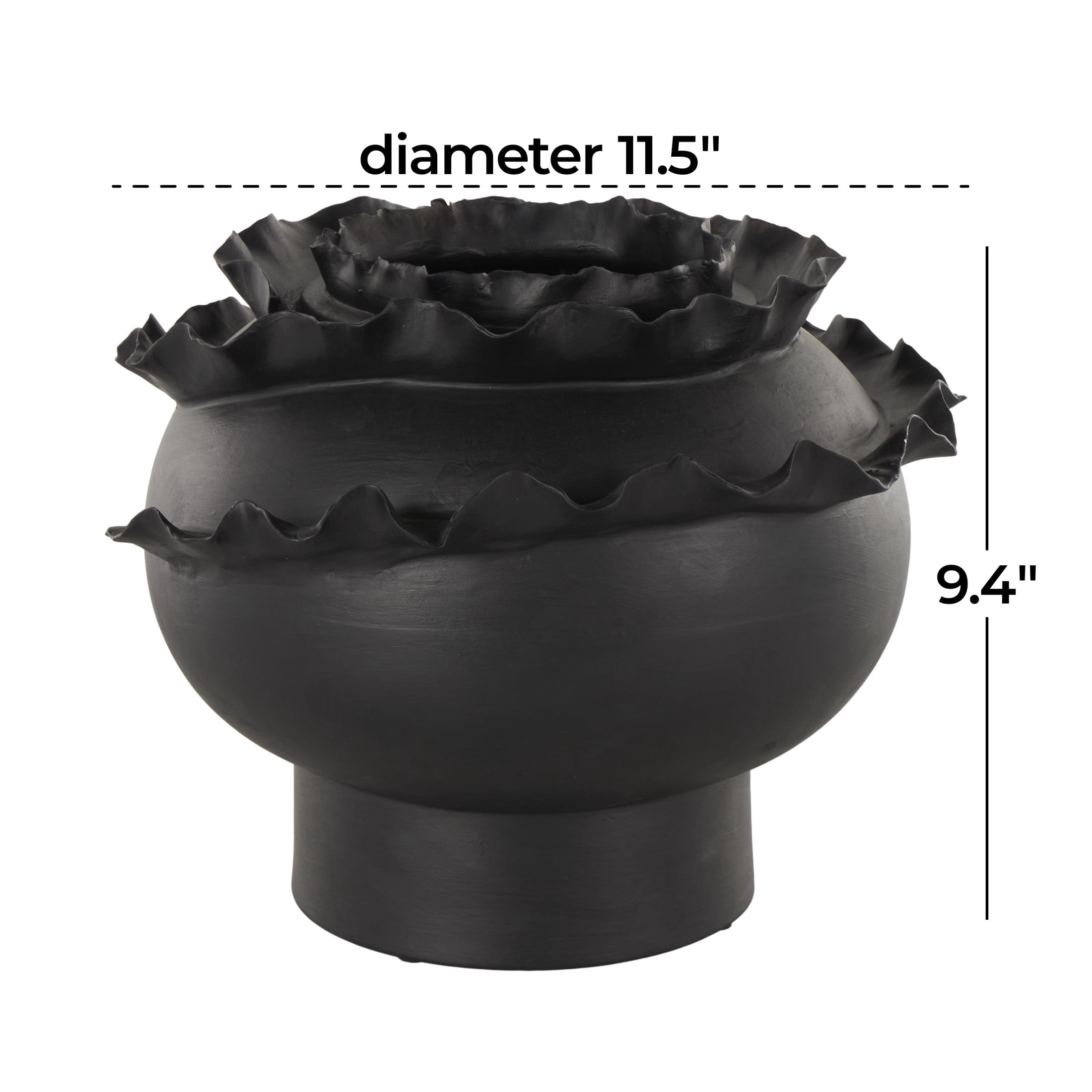 DecMode 9" Abstract Wide Rounded Floral Inspired Black Ceramic Vase with Layered Petals