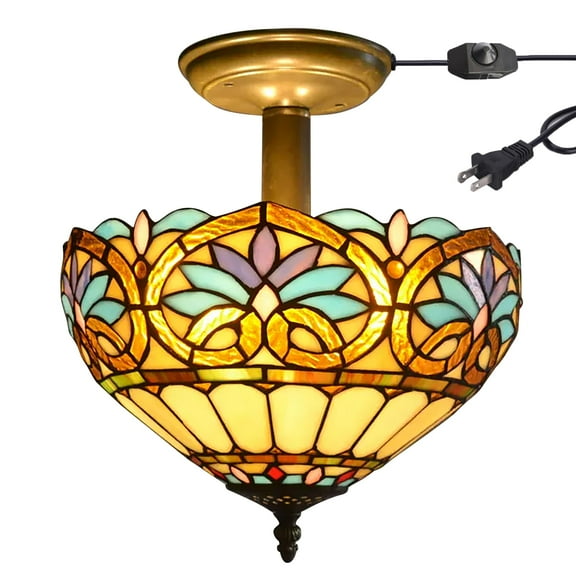 Kiven 11.8in Flush Mount Ceiling Light Fixture Dimmable, 2-Light Anti Glare Close to Ceiling Light with 15FT Plug-in Cord, Tiffany-Style Glass Chandelier for Bedroom Kitchen Hallway(No.3194)